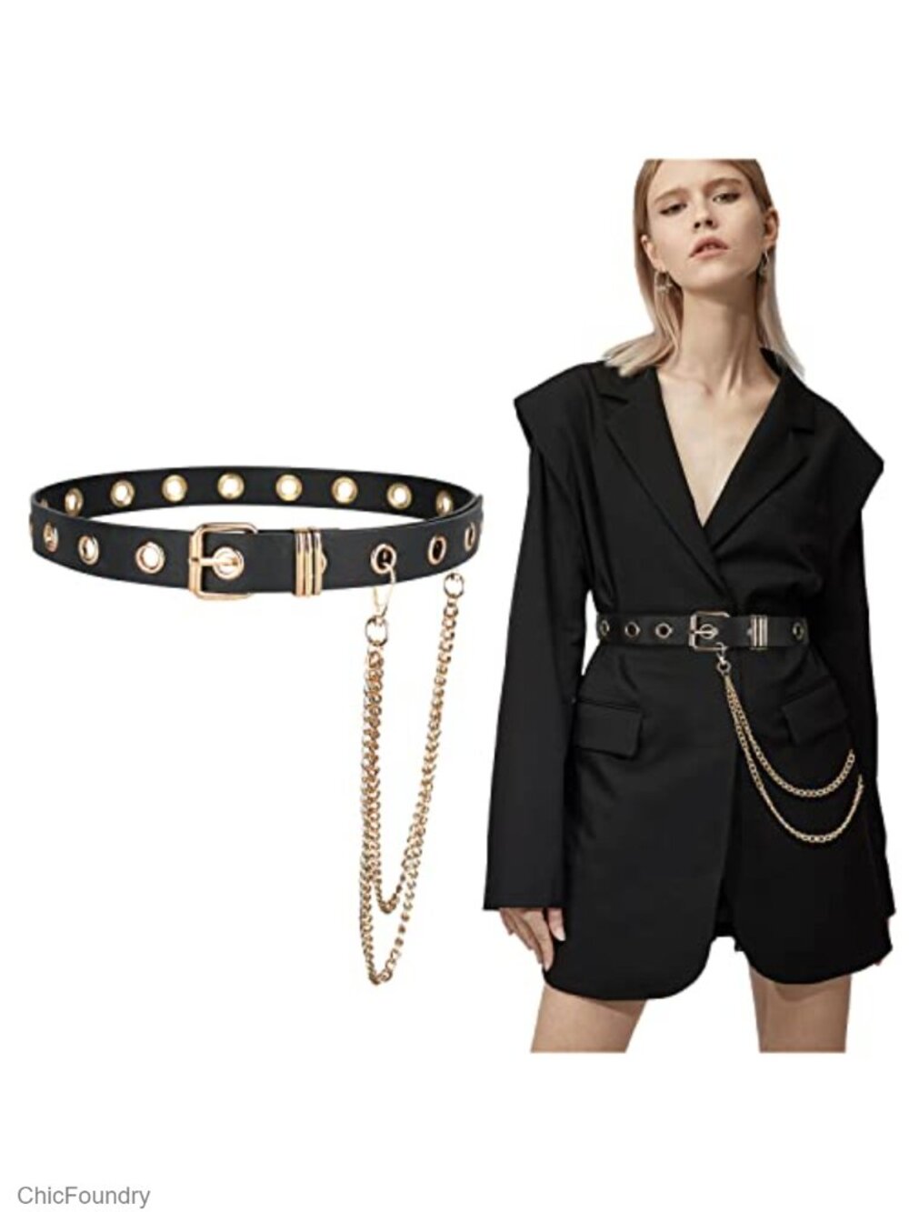PU Leather Grommet Studded Belt with Detachable Chain Punk Waist Belt for Jeans